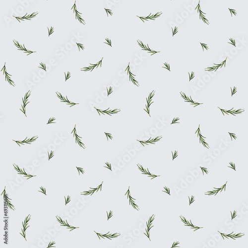 Watercolor seamless pattern with rosemary sprigs on light grey blue background. For use in design  textile  wallpaper