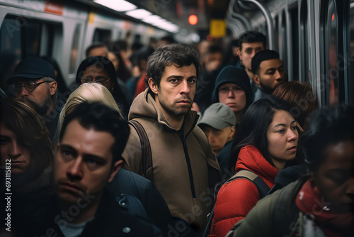 Portrait of a sad man in a crowded subway train. © Dzmitry