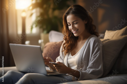 Young woman shopping online, holding a credit card and using a laptop computer. photo