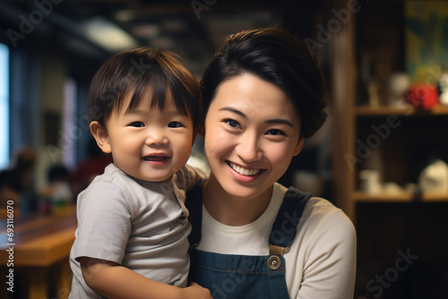Portrait of a happy Asian mother and child.