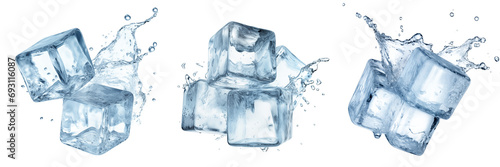 Set of different ice cubes on a transparent background. Ice cubes melt and water scatters from them in different directions. The concept of preparing an alcoholic cocktail, or seasoning for drinks.