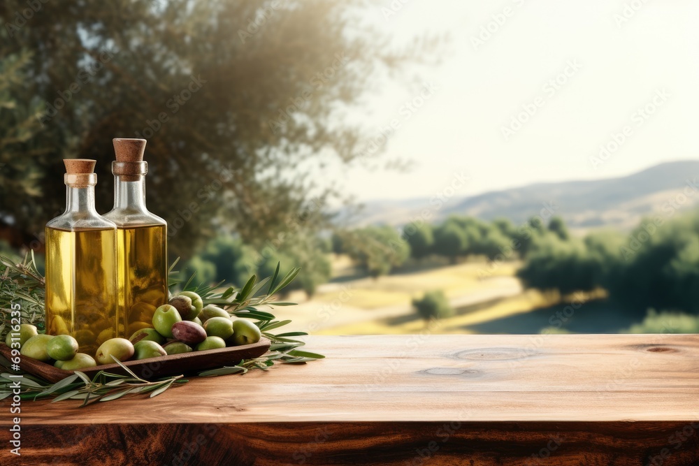 Naklejka premium Old wooden product display table with natural green olive field and olive oil