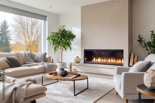Gas fireplace in a modern cozy living room
