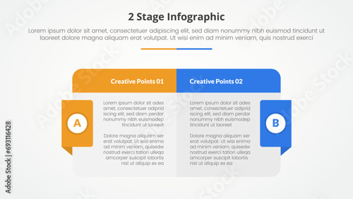 2 points stage template for comparison opposite infographic concept for slide presentation with big box table with header and badge on side with flat style