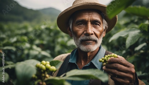 portrait of old farmer on arabica coffee plantation with raw coffee berries