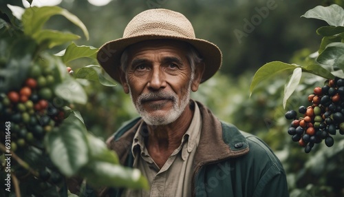 portrait of old farmer on arabica coffee plantation with raw coffee berries