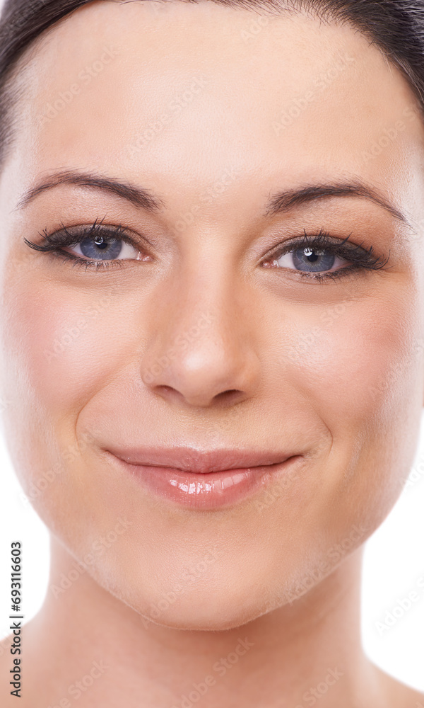 Portrait, smile and woman in studio for makeup, wellness or cosmetics, treatment or glamour closeup. Face, beauty and happy female model with glowing skin results, dermatology or cosmetology routine Portrait, smile and woman in studio for makeup, wellness or cosmetics, treatment or glamour closeup. Face, beauty and happy female model with glowing skin results, dermatology or cosmetology routine