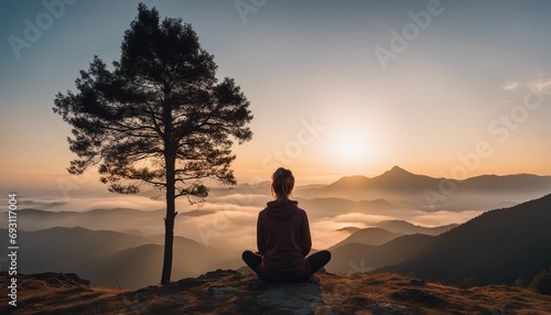 sporty Young woman meditating at dawn on a mountain with panoramic views  back view  sunrise  foggy weather