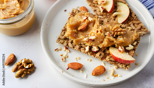 Apple crisp bread toast with apple slices, peanut butter, almonds and walnuts. Healthy breakfast concept
