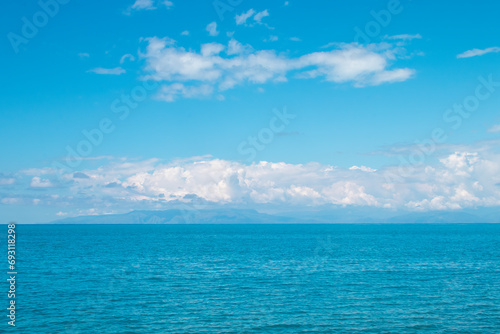 Seascape from low perspective. Blue sea with waves