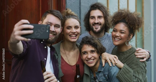 Friends, beer and crazy selfie in a doorway for fun, party or weekend gathering, reunion or fun vacation. Photography, memory and happy people smile for funny birthday profile picture in a backyard photo
