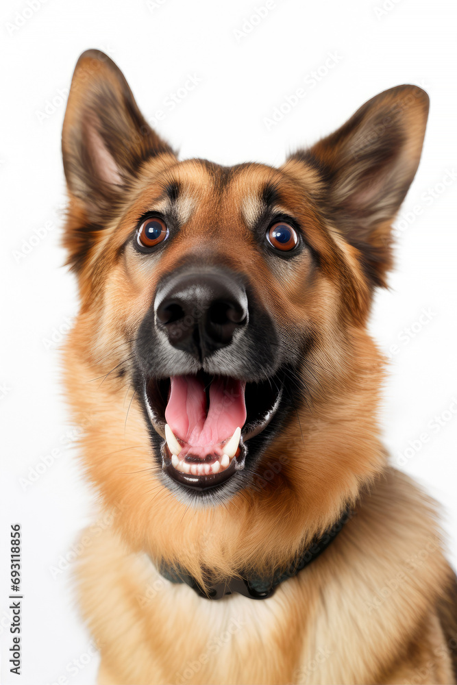 Funny surprised dog isolated on white background. Studio portrait of a dog with amazed face.