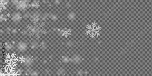 Minimal falling snow flakes illustration. Wintertime dust freeze elements. Snowfall sky white transparent backdrop. Scattered snowflakes new year vector. Snow hurricane scenery. photo