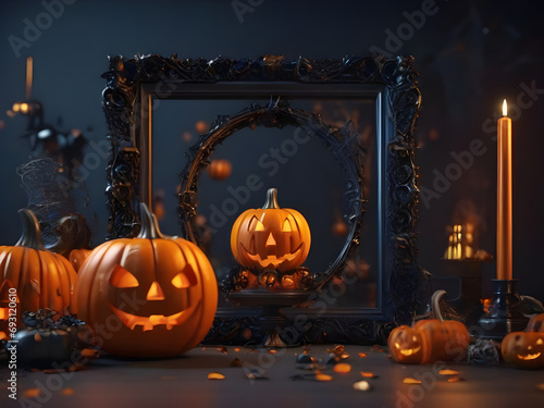 Happy Halloween banner. Festive background with pumpkins with cut scary smile. 