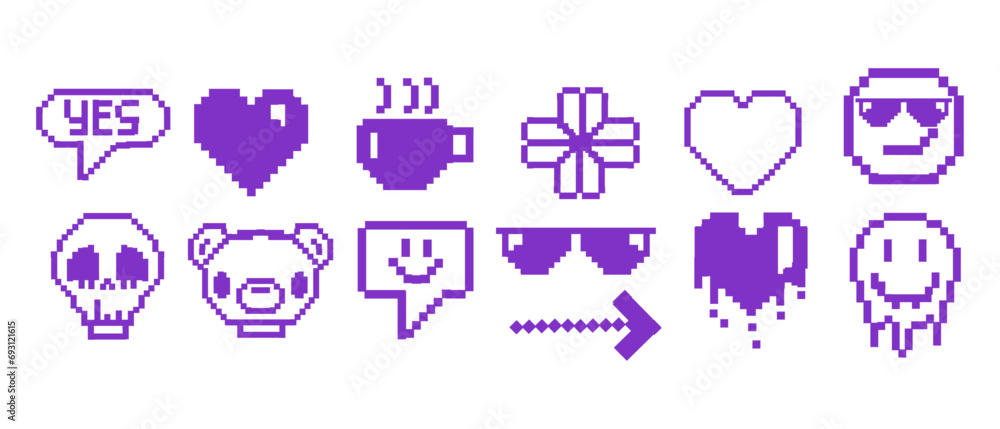 Y2k pixel game icon set, vector retro smiling sticker kit, funny cyber 8 bit sign, heart sign. Vintage 90s digital chat object, cute face, coffee cup, speech bubble, skull, arrow. Cute pixel icon Y2k pixel game icon set, vector retro smiling sticker kit, funny cyber 8 bit sign, heart sign. Vintage 90s digital chat object, cute face, coffee cup, speech bubble, skull, arrow. Cute pixel icon