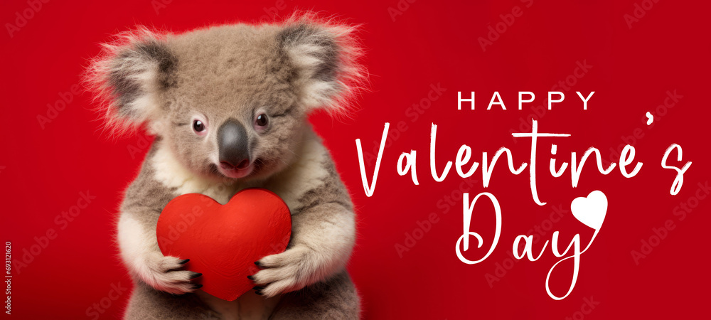 Funny animal Valentines Day, love, wedding celebration concept greeting card with text - Cute koala bear holding a red heart , isolated on red background