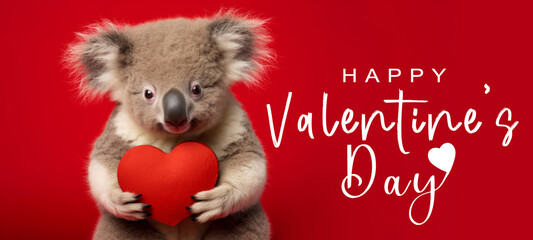 Funny animal Valentines Day, love, wedding celebration concept greeting card with text - Cute koala bear holding a red heart , isolated on red background