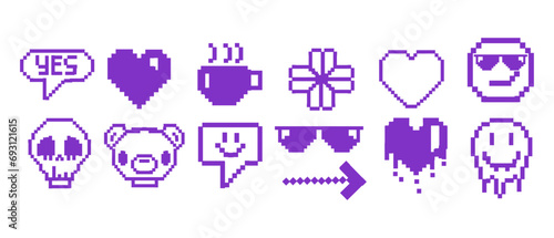 Y2k pixel game icon set, vector retro smiling sticker kit, funny cyber 8 bit sign, heart sign. Vintage 90s digital chat object, cute face, coffee cup, speech bubble, skull, arrow. Cute pixel icon