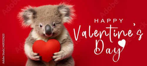Funny animal Valentines Day, love, wedding celebration concept greeting card with text - Cute koala bear holding a red heart , isolated on red background photo