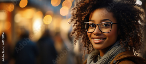 An African American female designer wearing glasses smiling on an evening street, Generative AI