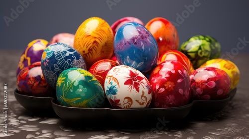  a bowl filled with colorfully painted eggs on top of a doily tableclothed tablecloth with a pattern on the top of the eggs and bottom half of the bowl.