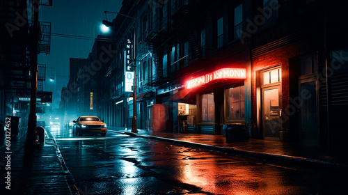Urban charm, Street photo capturing the allure of house facades and cafes adorned with neon signs, creating a vibrant cityscape in this stock imagery.