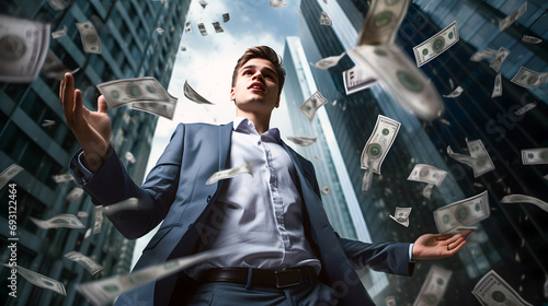 businessman standing under falling money