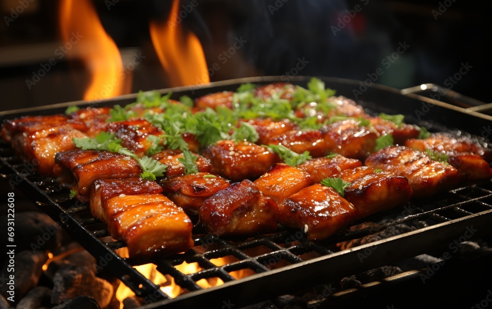 sizzling barbecue pork belly, perfectly grilled and ready to serve sizzling barbecue pork belly, perfectly grilled and ready to serve