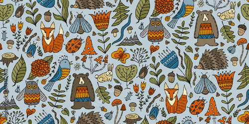 Woodland seamless pattern background. Forest animals in cartoon style. Ideas ...
