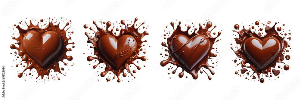 Set of Flat Lay of Liquid chocolate heart with drips and splashes, Valentine's day, isolated over on transparent background(2) - obrazy, fototapety, plakaty 