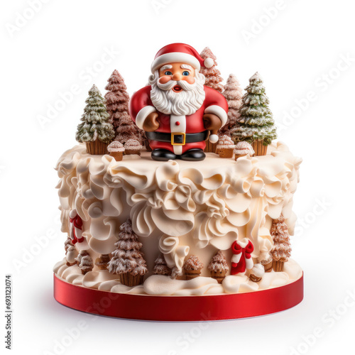 A New Year's cake with cream, adorned with a toy Santa Claus and Christmas ornaments, generative AI © Olha