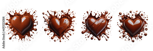 Set of Flat Lay of Liquid chocolate heart with drips and splashes, Valentine's day, isolated over on transparent background(2) photo