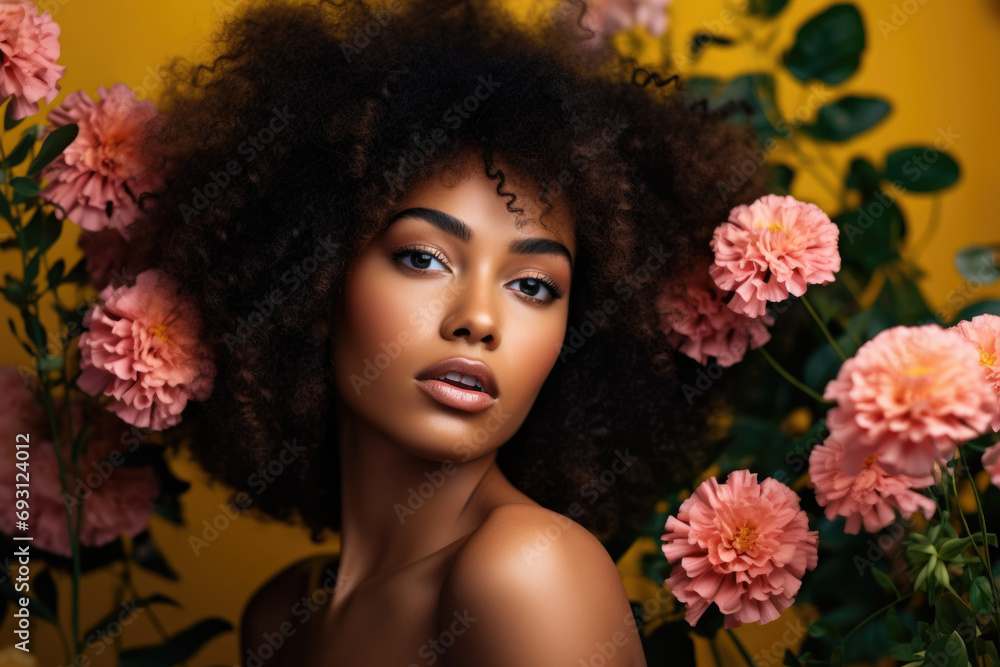 Portrait of an African beautiful woman with makeup and pronounced curls among flowers.