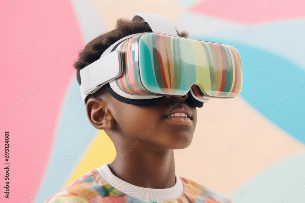 Portrait of an upbeat alpha-generation African-American young man wearing virtual reality goggles on a colorful pastel background. Portrait of an upbeat alpha-generation African-American young man wearing virtual reality goggles on a colorful pastel background.