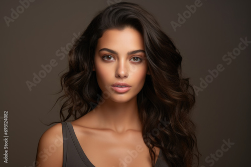 Portrait of a gorgeous Hispanic brunette with long wavy hair on a dark brown background.