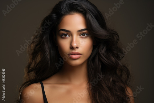 Portrait of a gorgeous Hispanic brunette with long wavy hair on a dark brown background.