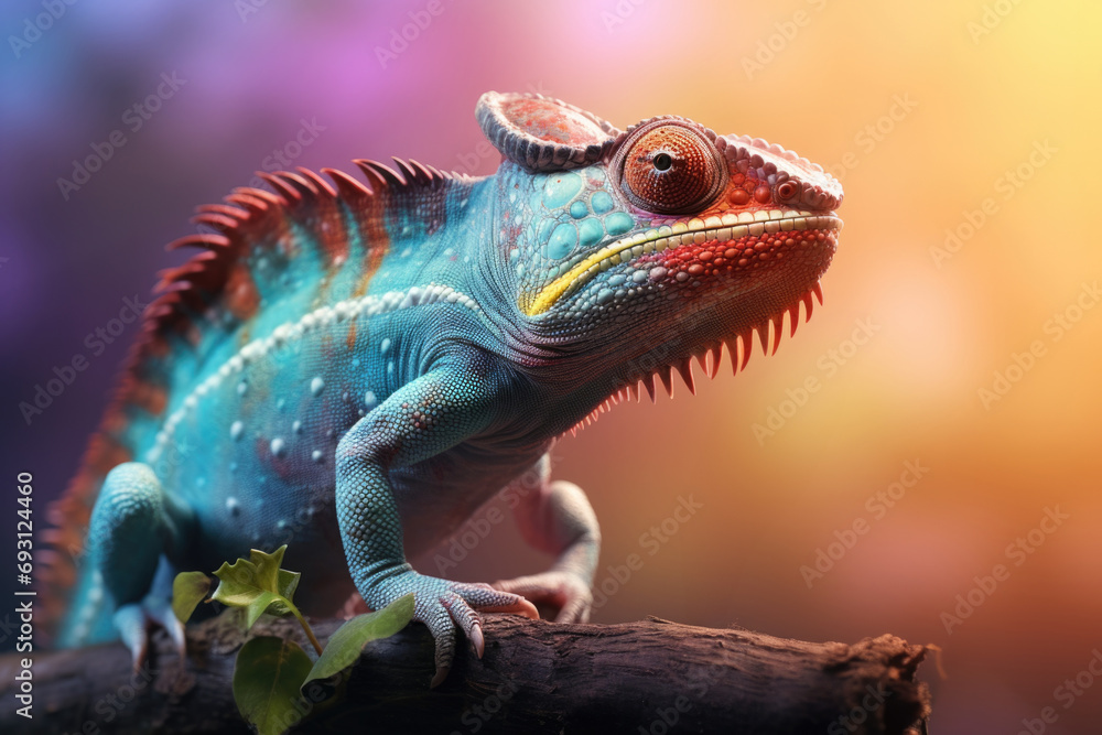 Close-up of a cute blue chameleon sitting on a broken branch, bokeh effect. Close-up of a cute blue chameleon sitting on a broken branch, bokeh effect.