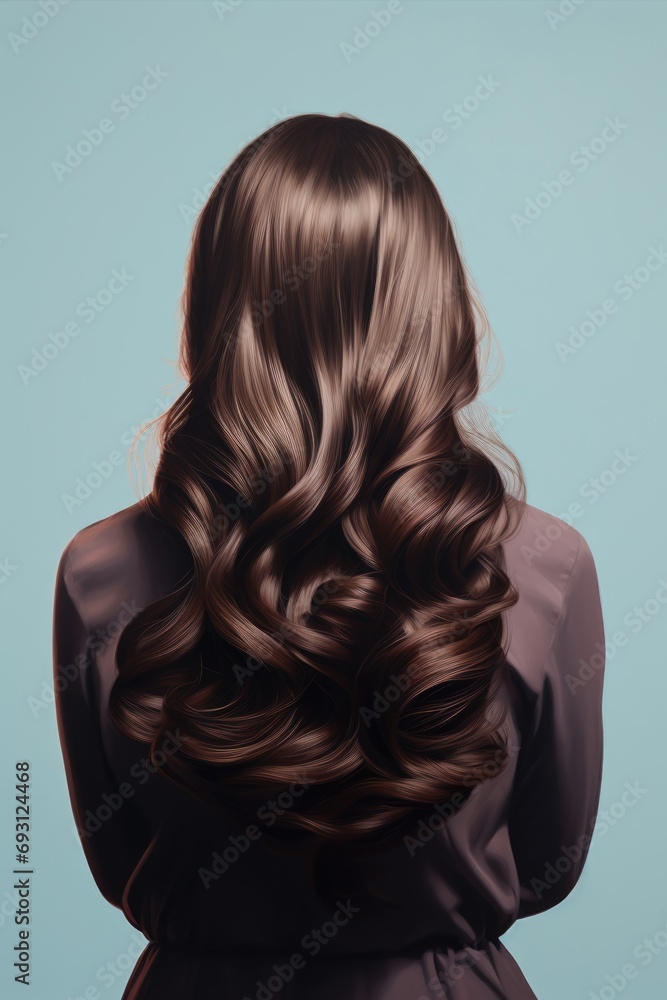 Portrait of brunette woman from back with long groomed and wavy hair on blue background. Portrait of brunette woman from back with long groomed and wavy hair on blue background.