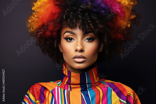 Portrait of an African American woman with curly multicolored hair wearing 90s style fashionable clothes.