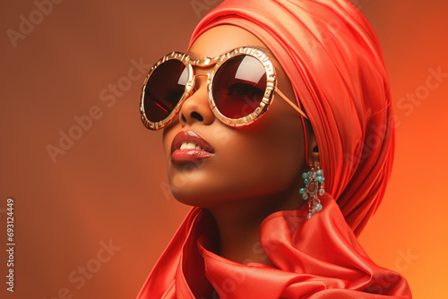 Portrait of a swarthy Muslim woman wearing a red hijab and fancy sunglasses on a brown background.