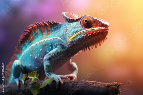 Close-up of a cute blue chameleon sitting on a broken branch, bokeh effect. © Владимир Солдатов