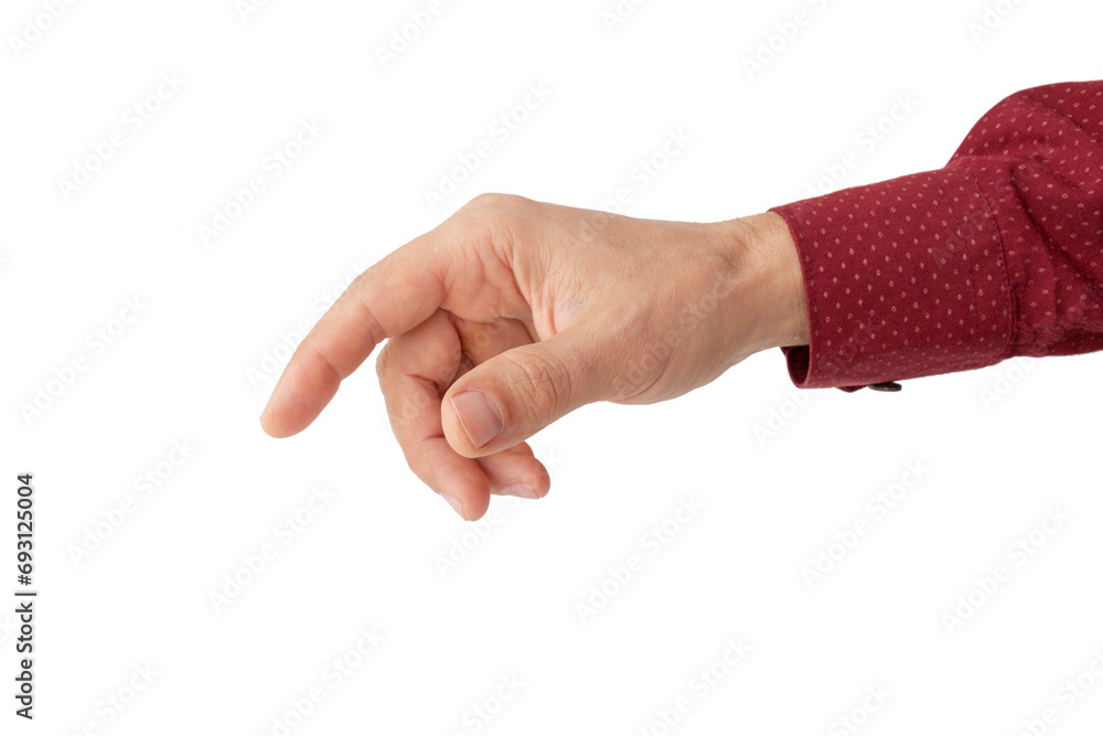 male hand reaches out to press a button or point to something, make a choice, isolated on a white background male hand reaches out to press a button or point to something, make a choice, isolated on a white background