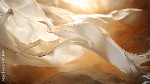Sunlit linen fabric, draped and folded., sunlight casting soft shadows on a pure white bedspread, a wavy background with layers of translucent waves, resembling delicate chiffon fabric gently billow