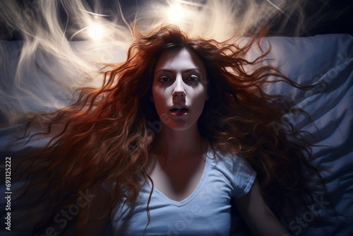 A woman in bed with her hair down in a crazy energetic manner in the bedroom against the night lights has an exaggerated expression of fear, irritability. photo