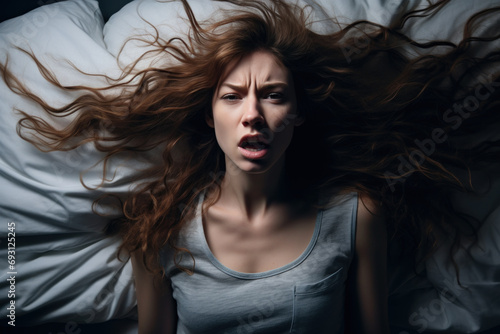 A woman in bed with her hair down in a crazy energetic manner in the bedroom against the night lights has an exaggerated expression of fear, irritability.