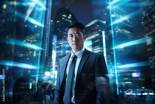 Asian businessman Take portraits amidst the lights of tall buildings in the modern city of a big city environment.