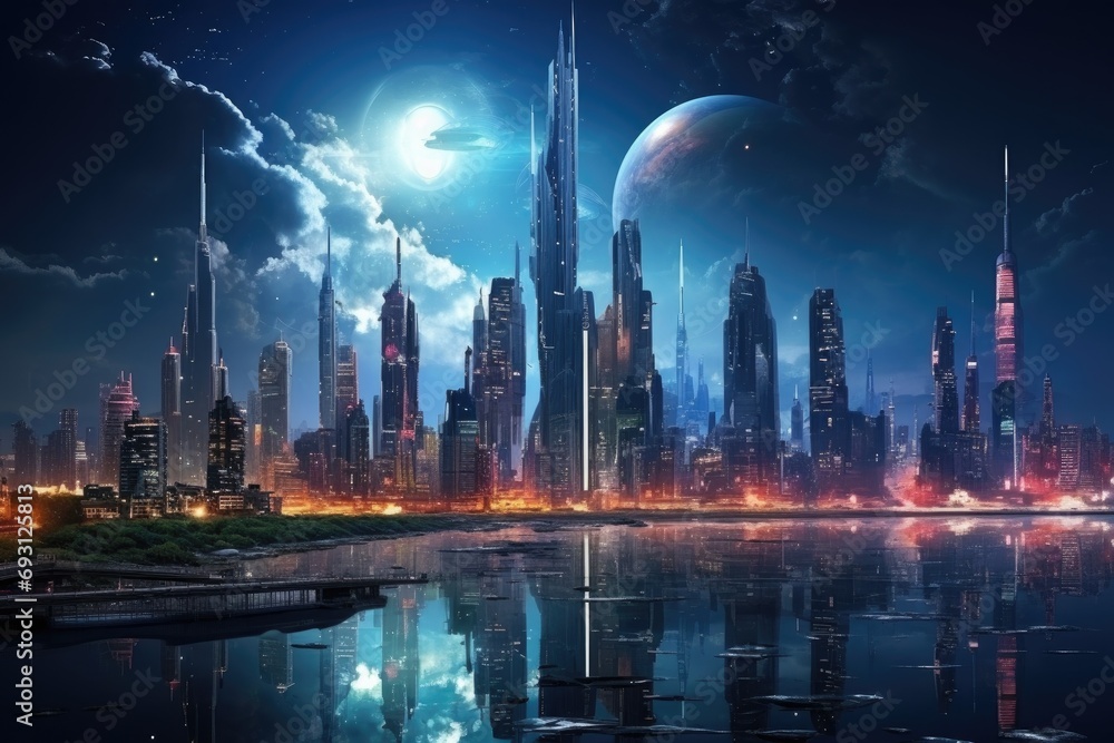 Futuristic cityscape at night with illuminated skyscrapers and advanced transportation, urban utopia
