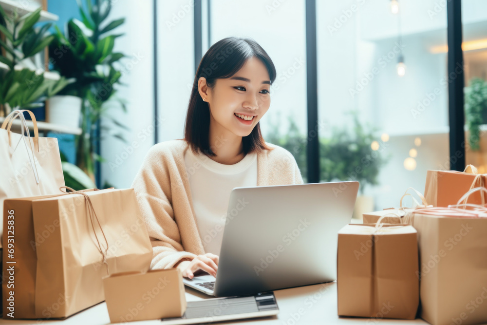 Asian woman using laptop for online sales work at home Live broadcast online Asian woman using laptop for online sales work at home Live broadcast online