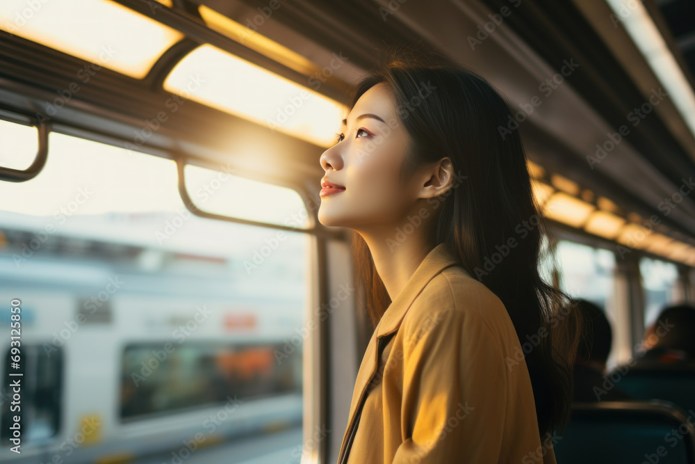 Asian female tourist Travel on modern trains Asian female tourist Travel on modern trains