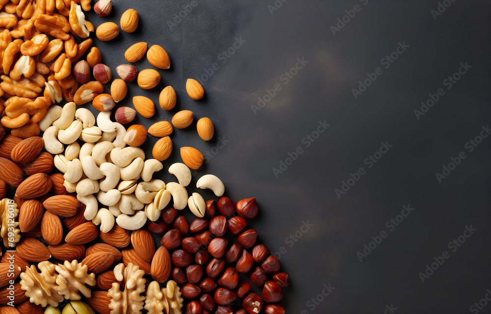 almonds, walnuts, cashews, hazels, pine nuts on grey snowy background top view almonds, walnuts, cashews, hazels, pine nuts on grey snowy background top view